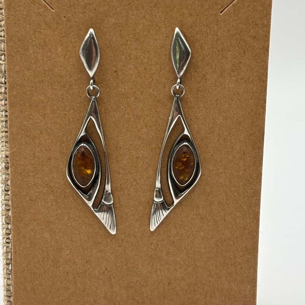 Vintage Handcrafted 925 Silver Dangle Earrings with Amber Stone - Picture 2 of 13